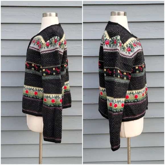 Vintage 90s y2k Tally Ho Fair Isle Icelandic Apres Floral Wool Cardigan Sweater - Picture 3 of 8